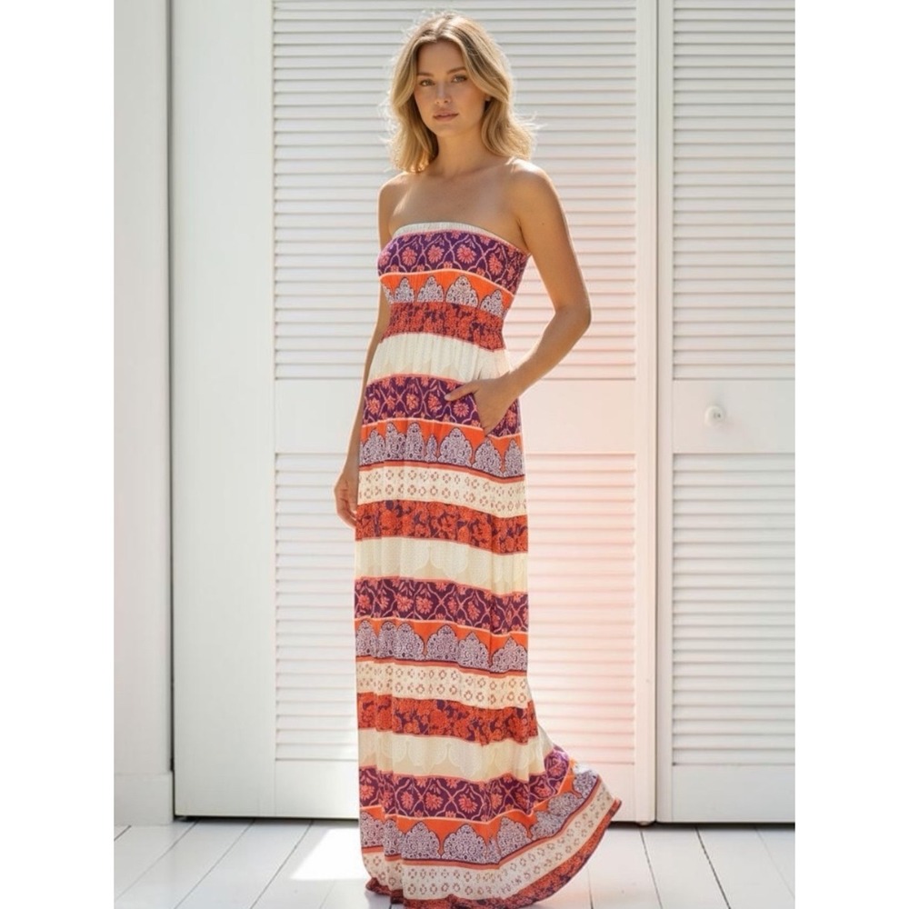 Boho Romantic Vibe Smocked Strapless Maxi Dress